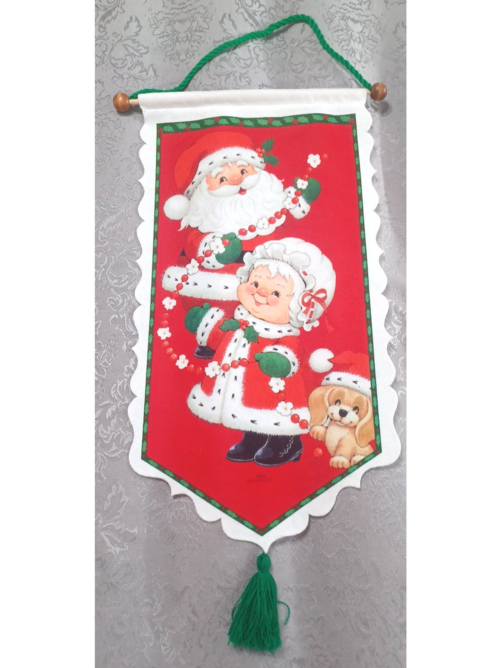 Morehead VTG Christmas Santa Mrs. Claus Dog Felt Wall Hanging Wood Dowel 22x12